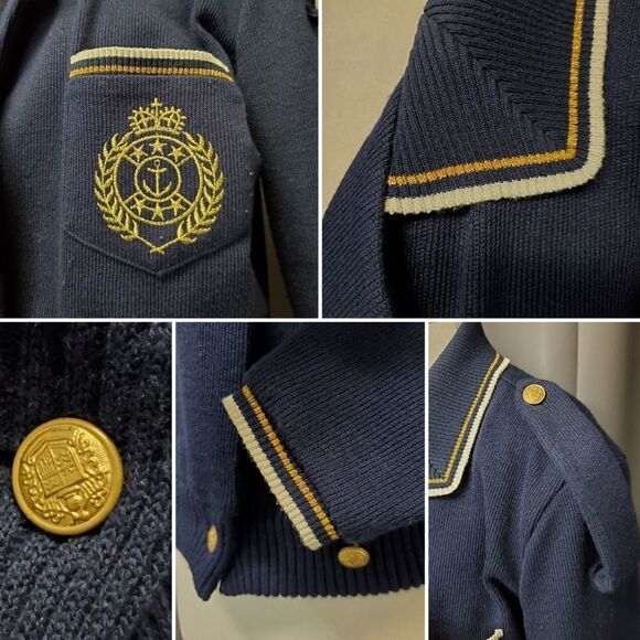 Vintage 80s Navy Blue Gold Crest Knit Nautical Collared Preppy Cardigan Sweater - Picture 4 of 7